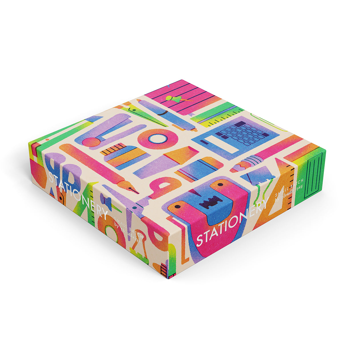Colorful stationery box with stationery-themed design on a white background